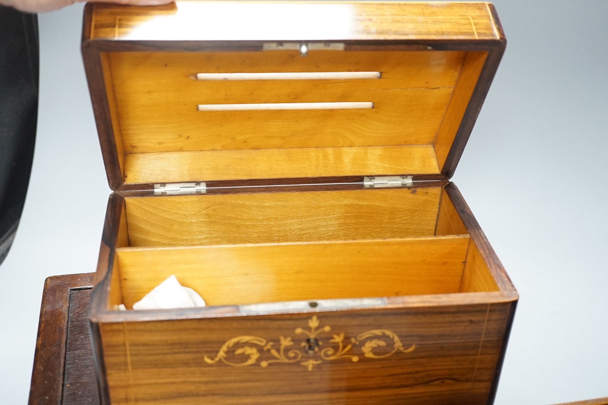 A 19th century French rosewood and marquetry letters box, an inlaid stationary rack and a brass-mounted box 28cm